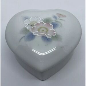 Otagiri Heart Shaped Trinket Dish Peony 2.5x 1.5" Hand Painted Jewelry Box